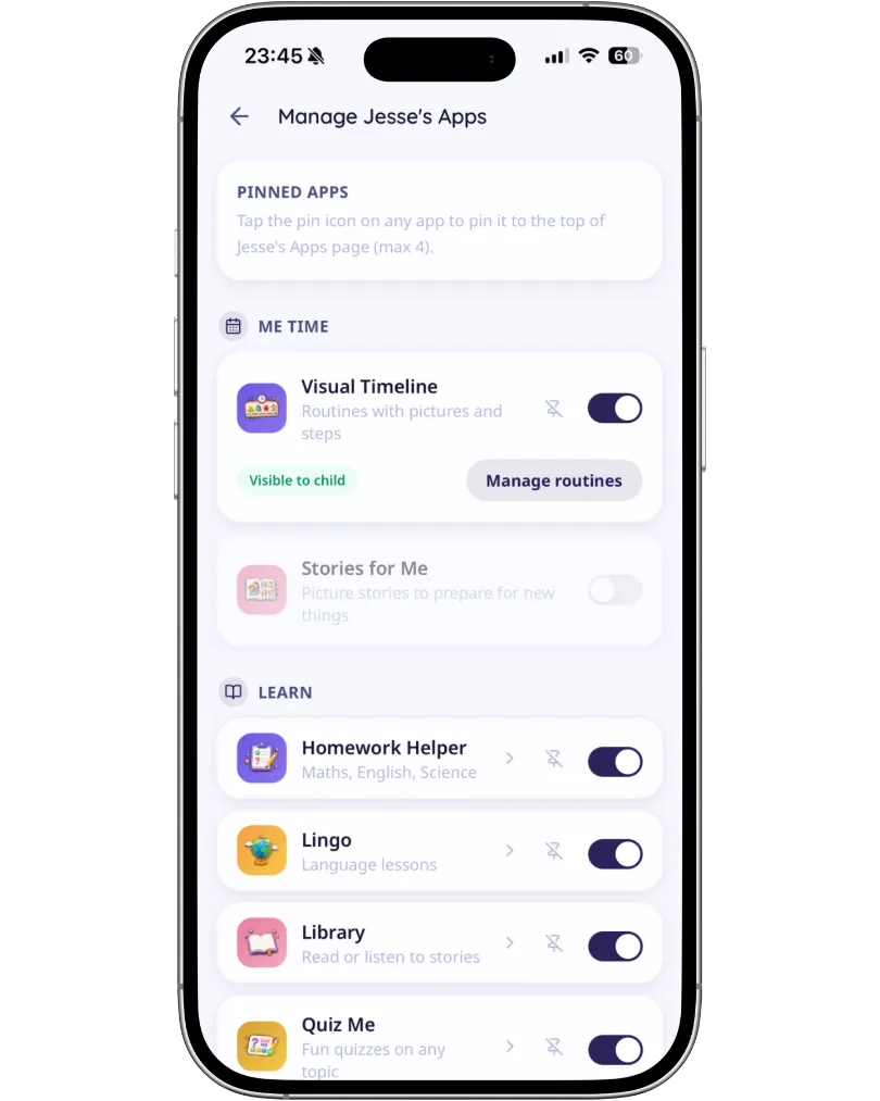 Genovi app — parent screen for managing Jesse's apps
